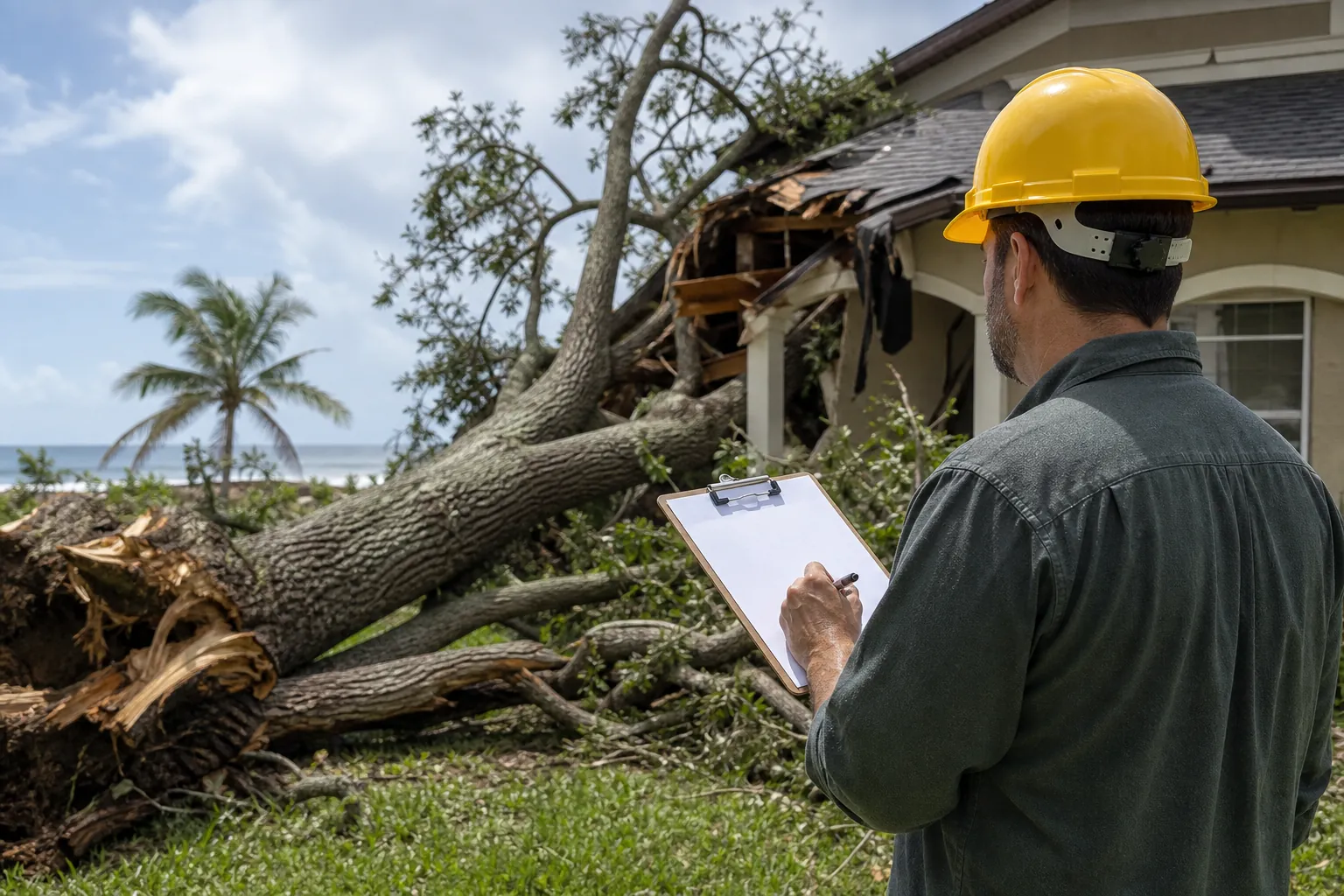 Arborist in a yellow hard hat documents a fallen tree and severe roof damage at a coastal home.