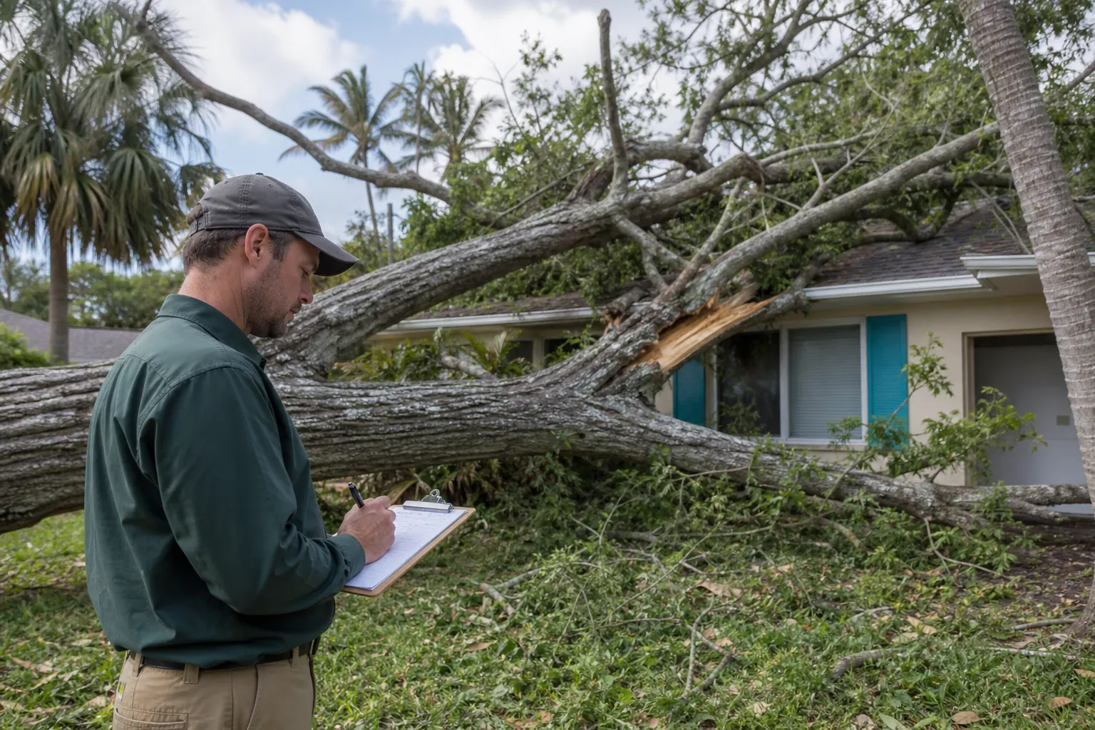 An arborist records details on a clipboard beside a large fallen tree that has damaged a coastal home's roof.