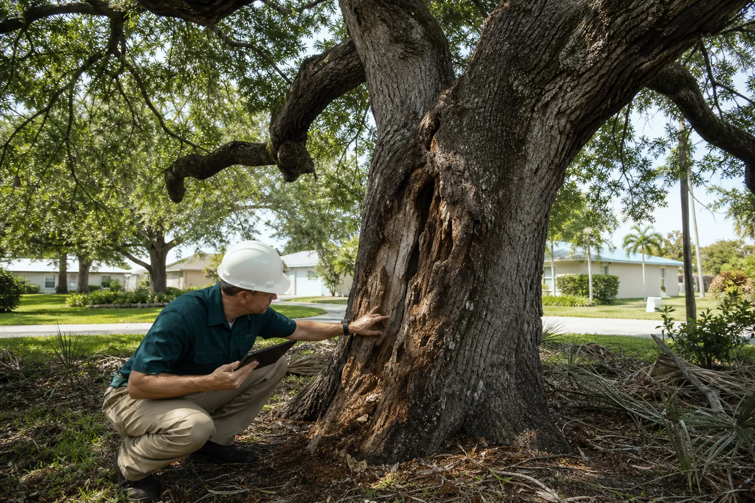 Arborist in a hard hat crouches beside a large tree to inspect an open cavity and decayed wood in the trunk.