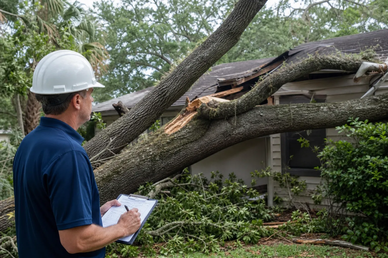 An arborist in a white hard hat takes notes beside a large fallen tree that has crushed the roof of a house.