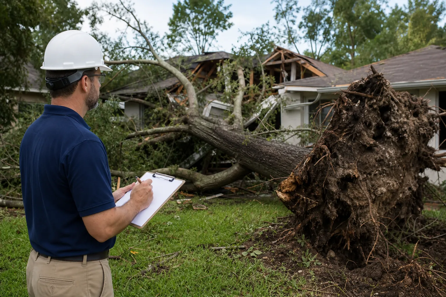 An arborist in a hard hat documents an uprooted tree that has fallen onto and severely damaged a house.