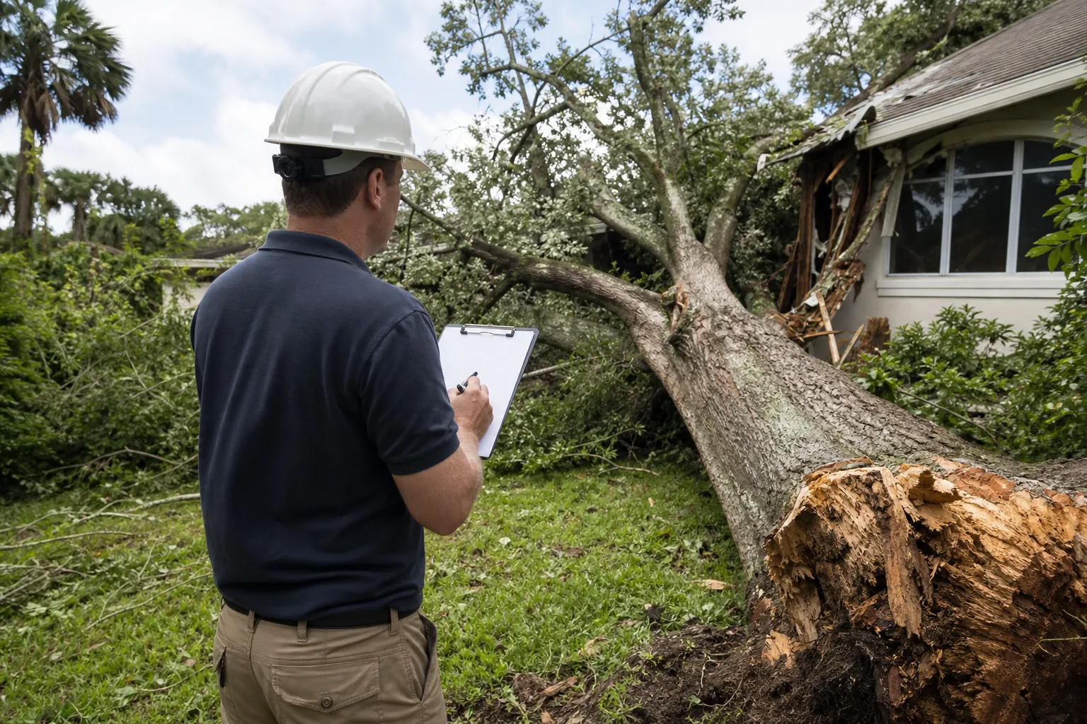 Arborist in a hard hat takes notes beside a fallen tree that has damaged the wall and roof of a house.