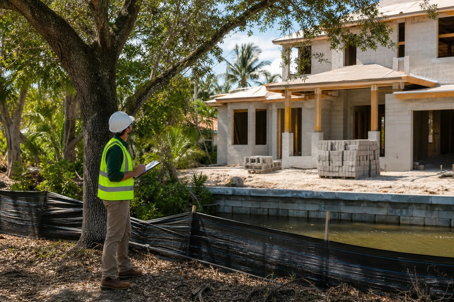 Tree inspection beside a house under construction Worker in a hard hat and safety vest inspects a large tree beside a waterfront house under construction.
