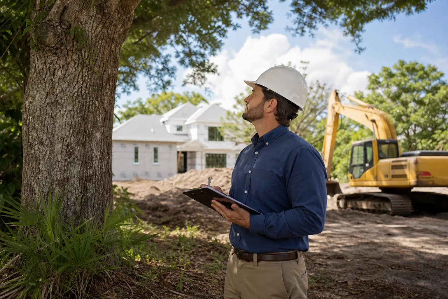 Arborist inspecting a tree at a home construction site An arborist in a hard hat holds a clipboard and inspects a large tree beside a house construction site.