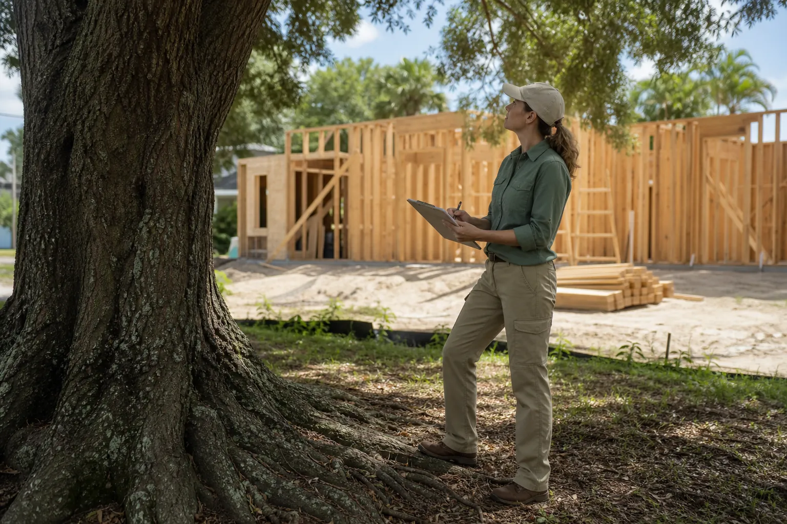 Arborist Inspecting a Tree Beside New Construction An arborist holding a clipboard inspects a mature tree beside the wooden frame of a house under construction.