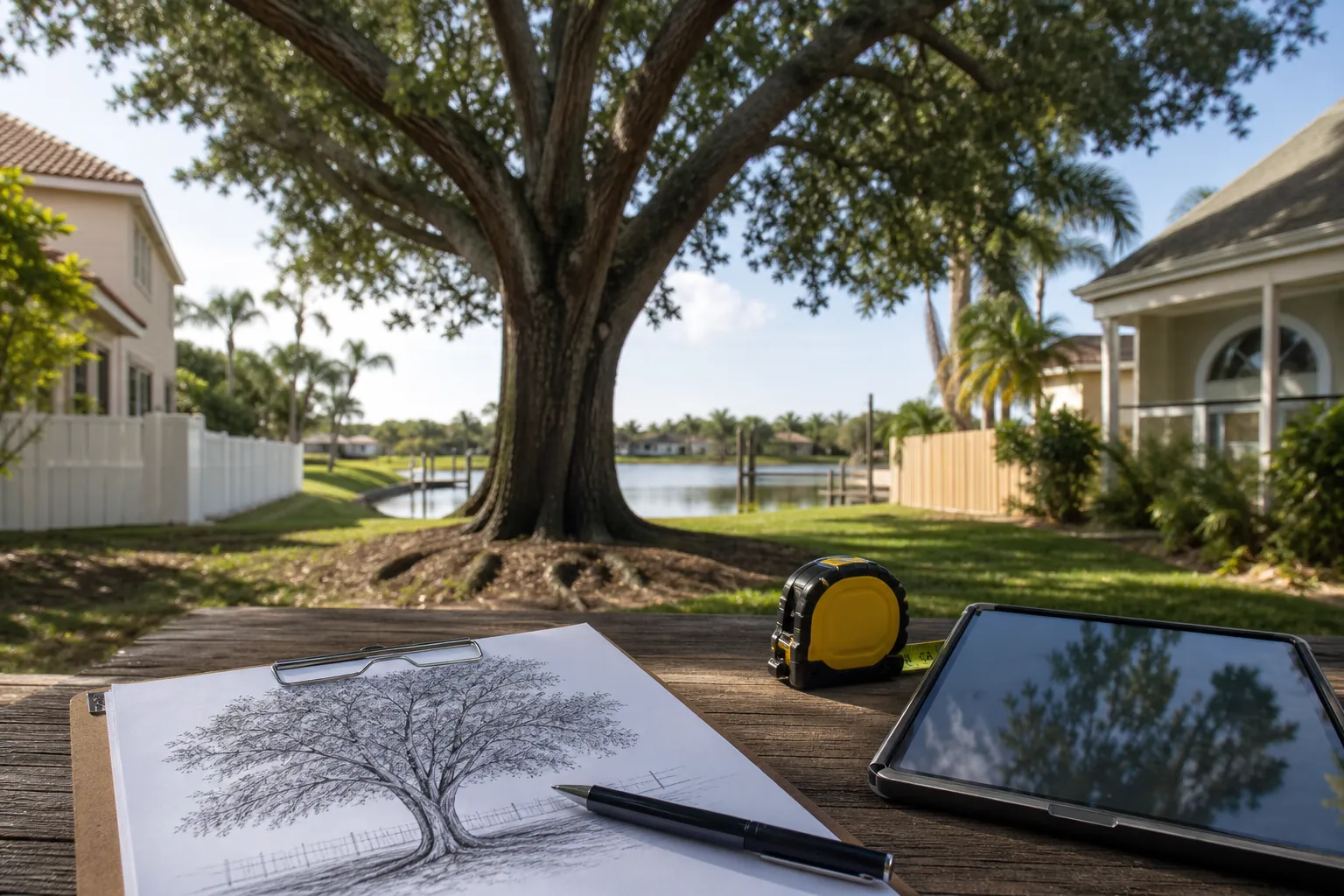 Clipboard with a tree sketch, pen, tape measure, and tablet beside a large tree between waterfront homes.