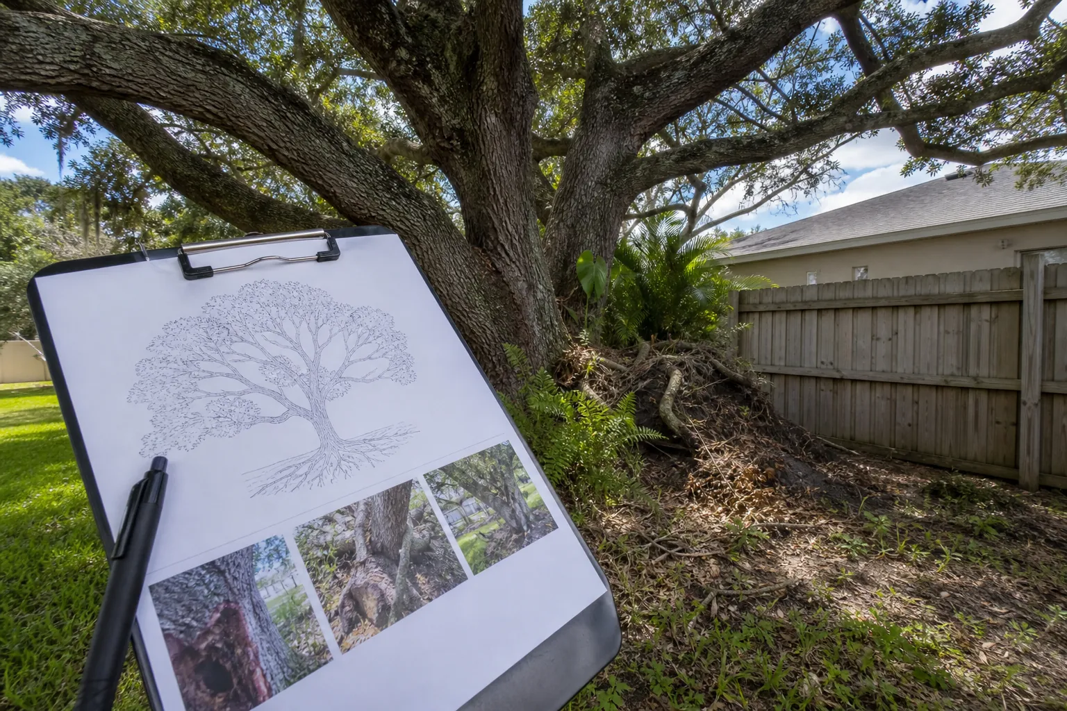 Clipboard with a tree sketch and inspection photos beside a large backyard tree near a wooden property fence
