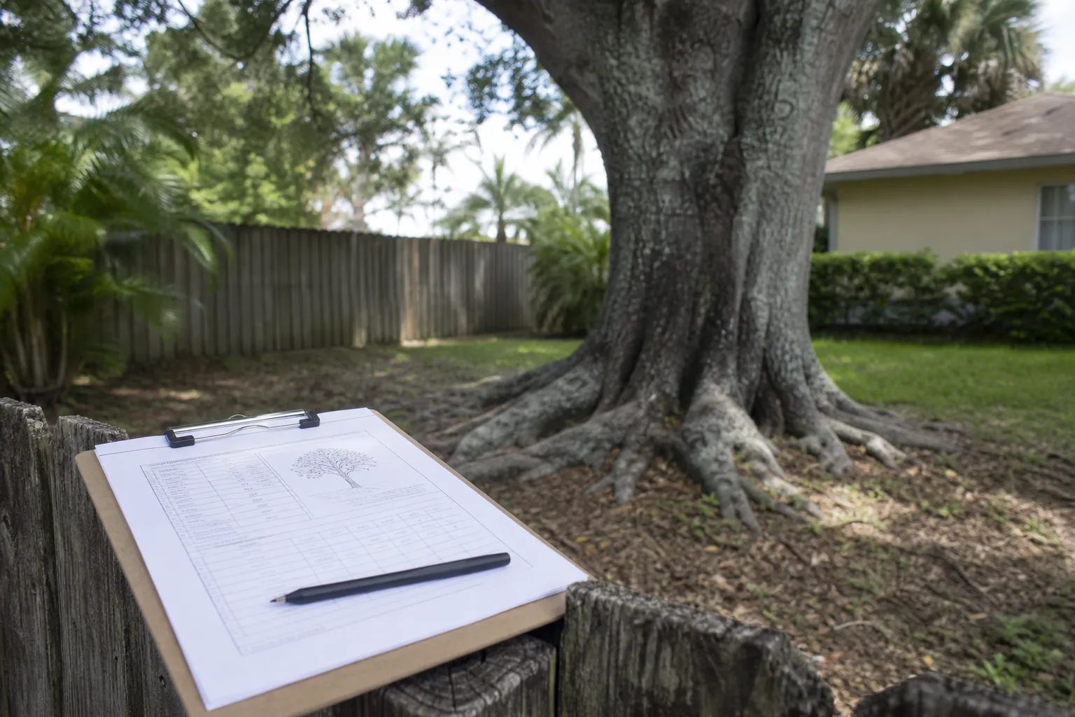 Clipboard with a tree inspection form and pencil beside a mature backyard tree near a fence and house