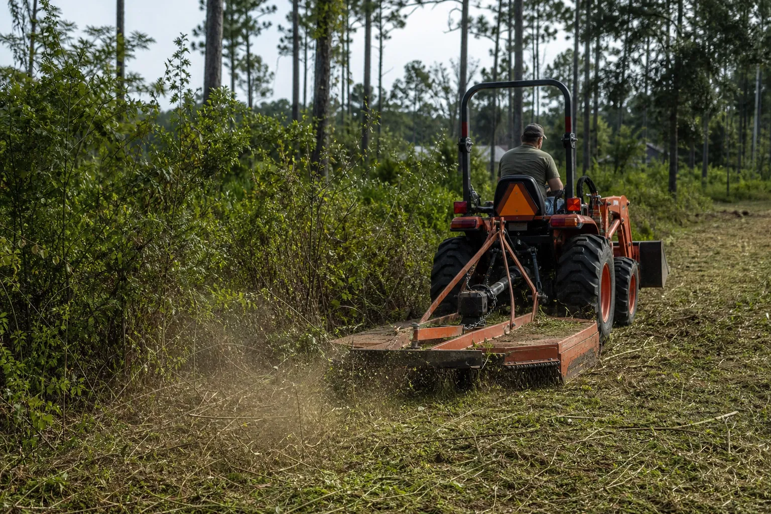 Tractor Clearing Brush Beside Pine Trees A person drives an orange tractor with a rear brush cutter, clearing dense vegetation beside a stand of pine trees.