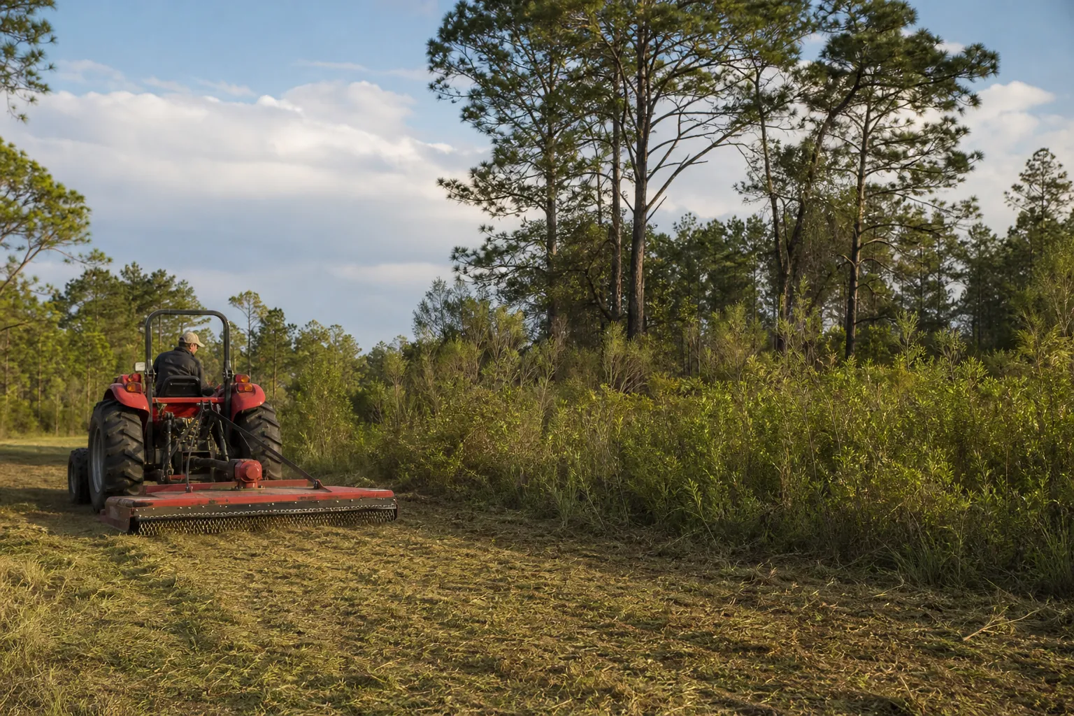 Tractor Mowing Brush Along a Pine Woodland Edge A person drives a red tractor with a brush mower along a freshly cut strip beside dense shrubs and tall pine trees.