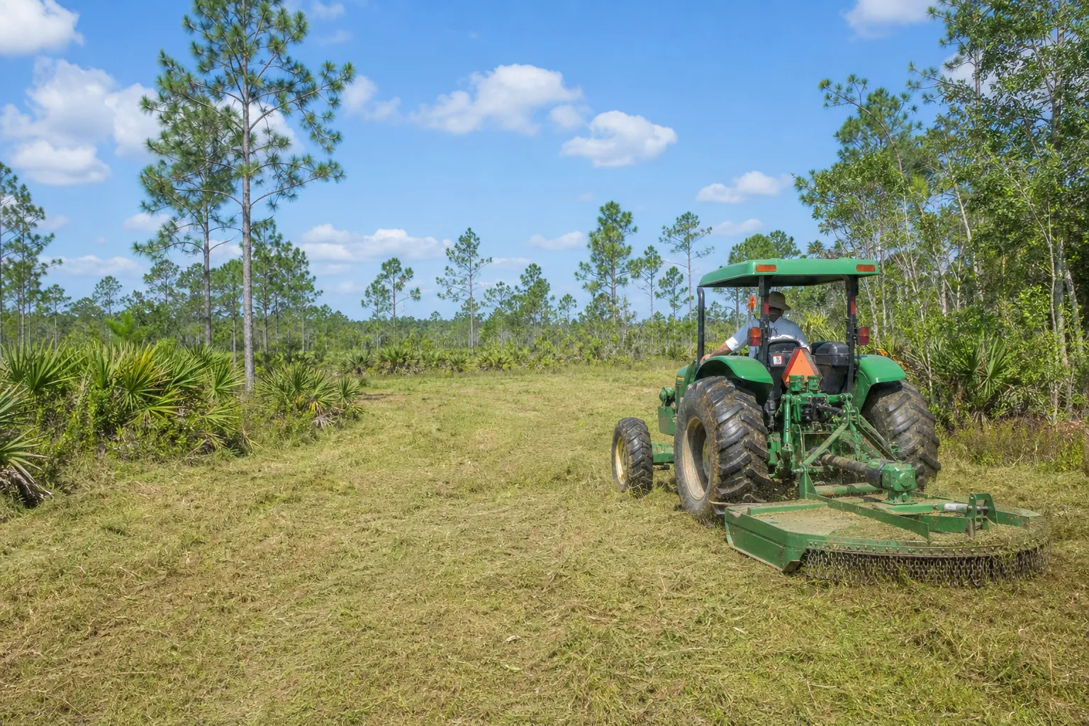 Tractor Brush Hogging a Florida Property A tractor pulls a brush hog across a freshly cleared Florida field bordered by pines, palms, and dense vegetation.