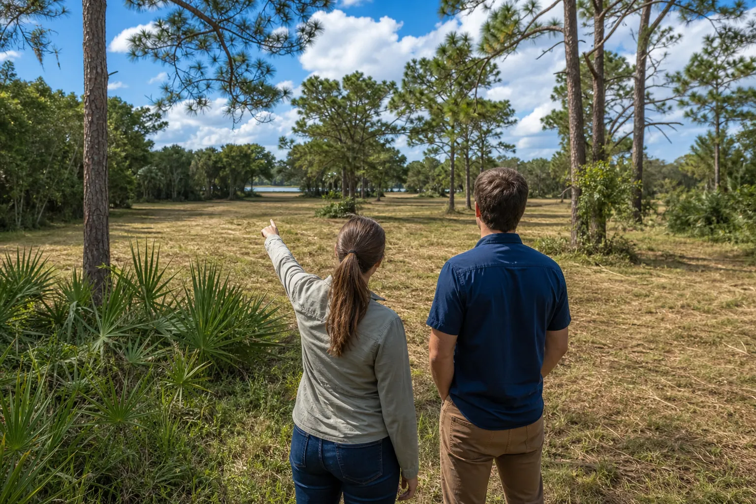 Viewing a Brush-Hogged Florida Property for Sale Two people survey a freshly brush-hogged Florida property with open ground, pine trees, and palmettos.