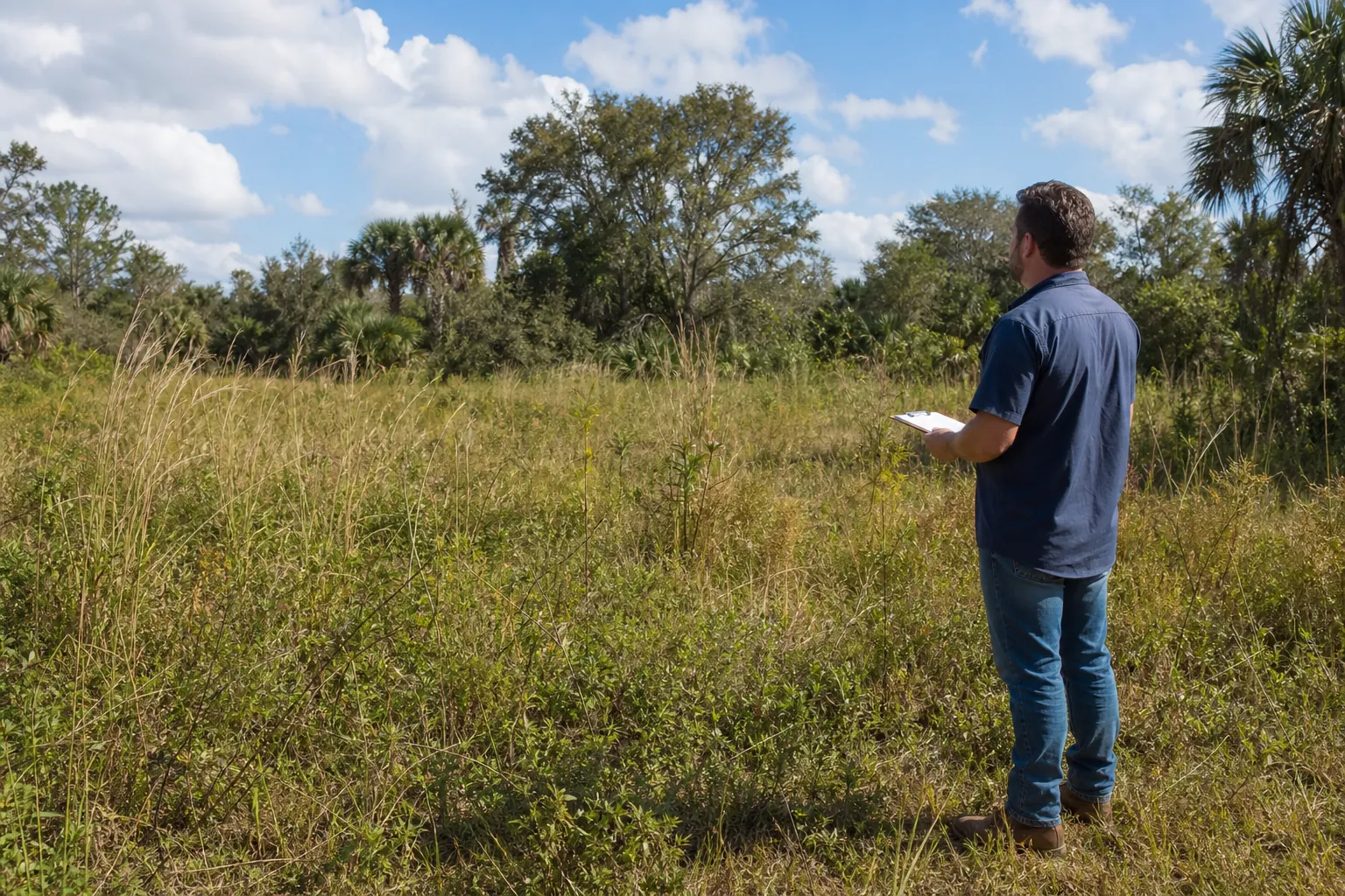 Surveying the Current Condition of an Overgrown Vacant Lot A man holding a clipboard surveys an overgrown vacant lot with tall grass, brush, and palm trees under a blue sky.