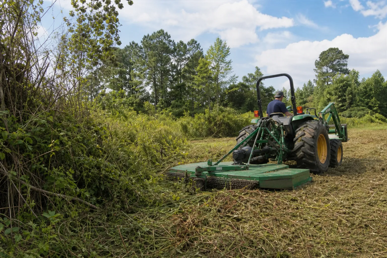 A tractor operator uses a rear brush hog to clear dense vegetation from an overgrown field bordered by trees.