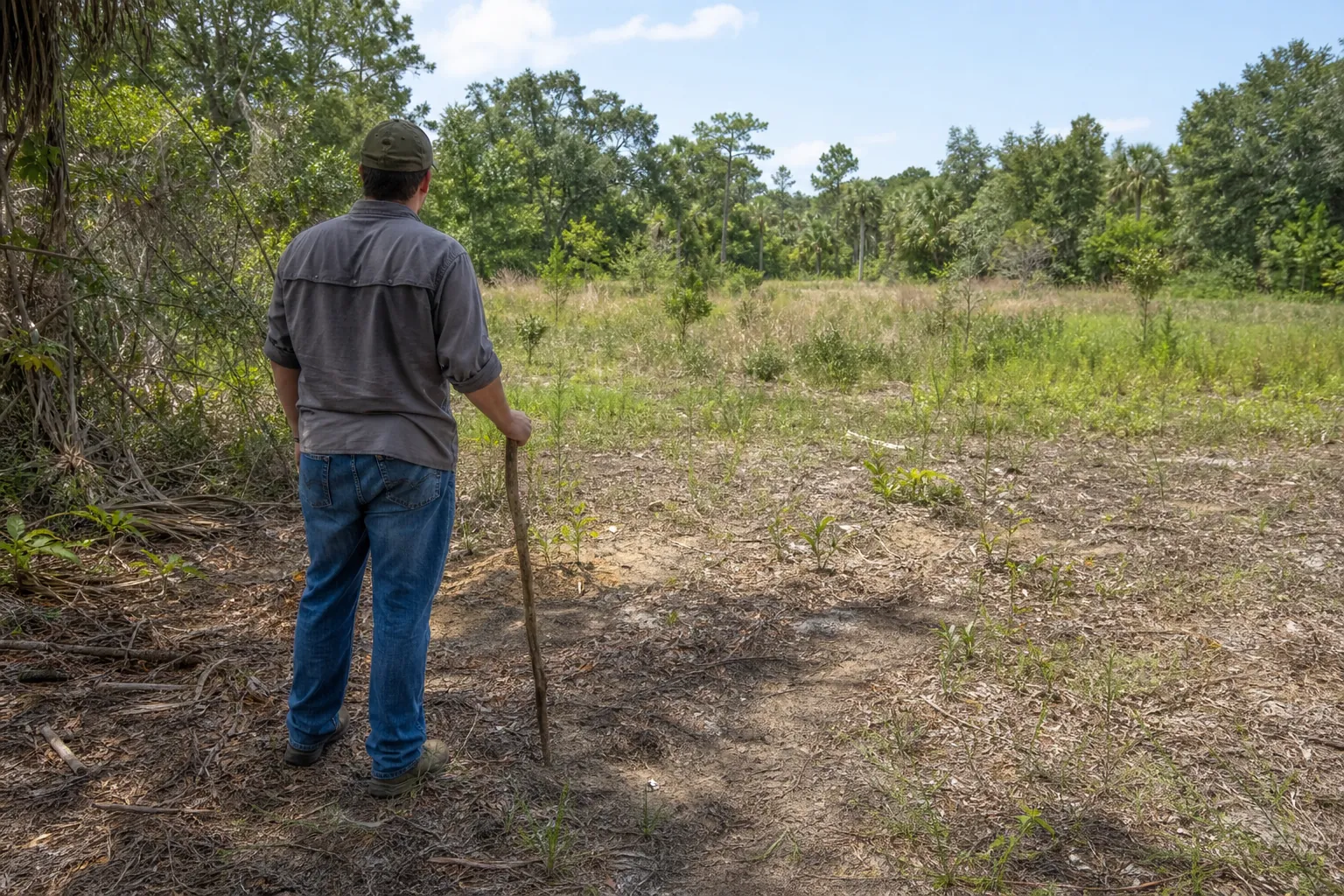 Man with a walking stick surveys a partially cleared vacant lot bordered by dense Florida vegetation.