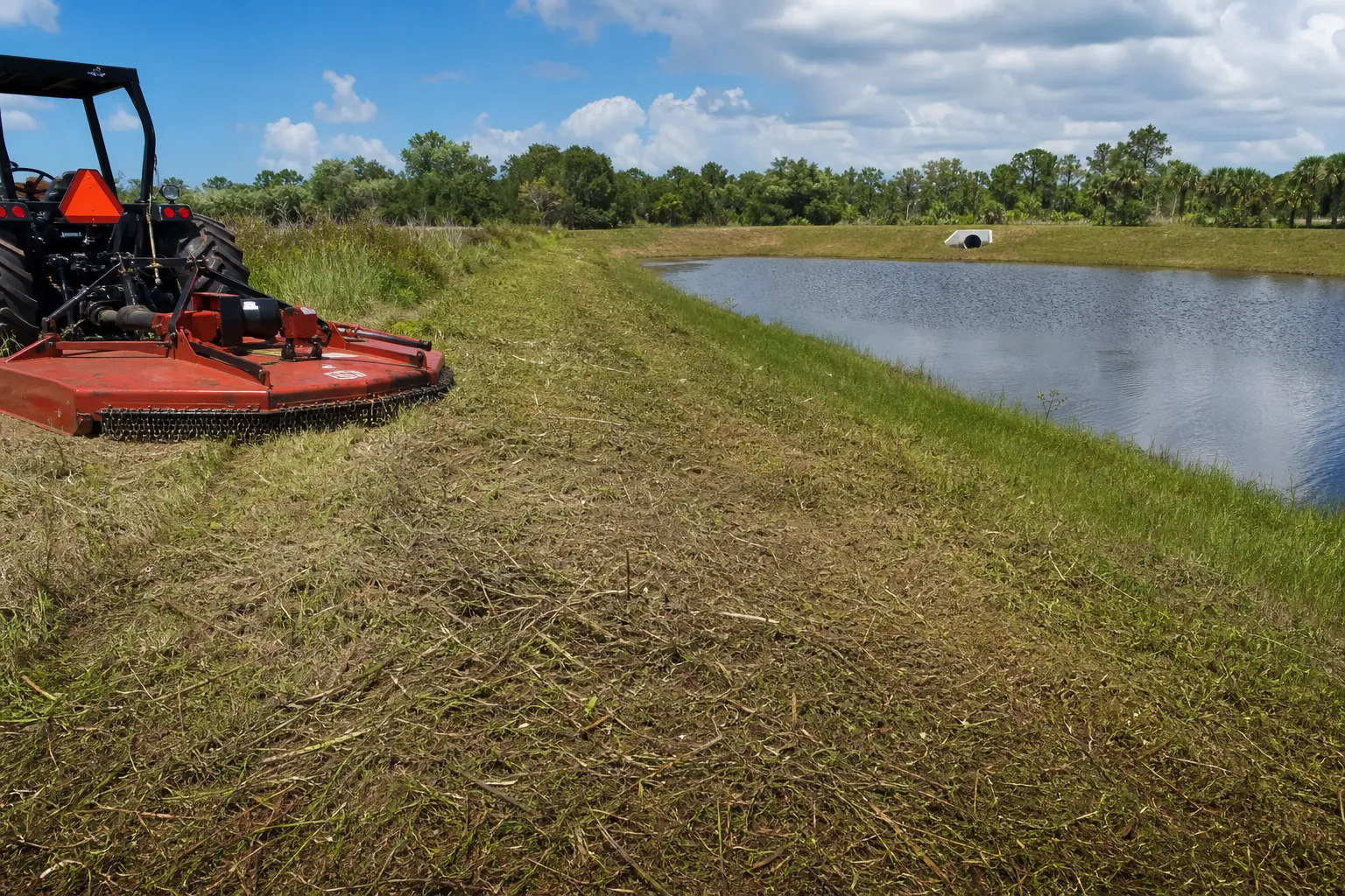 Tractor-mounted brush hog cutting a wide access path along the grassy bank of a retention pond.