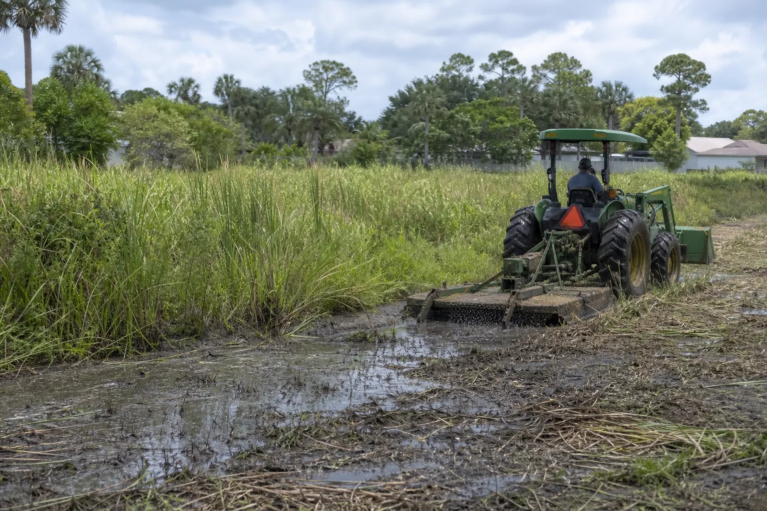 A tractor operator brush hogs tall grass beside standing water and muddy ground on an overgrown vacant lot.