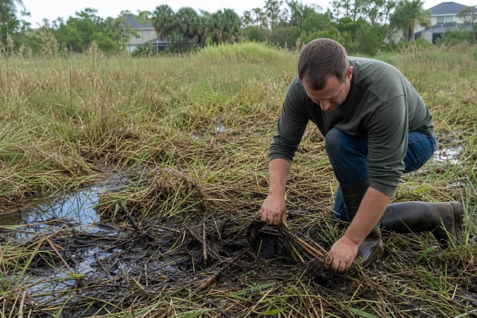 Man kneeling in a wet, overgrown vacant lot and pulling aside muddy vegetation to inspect what lies beneath.