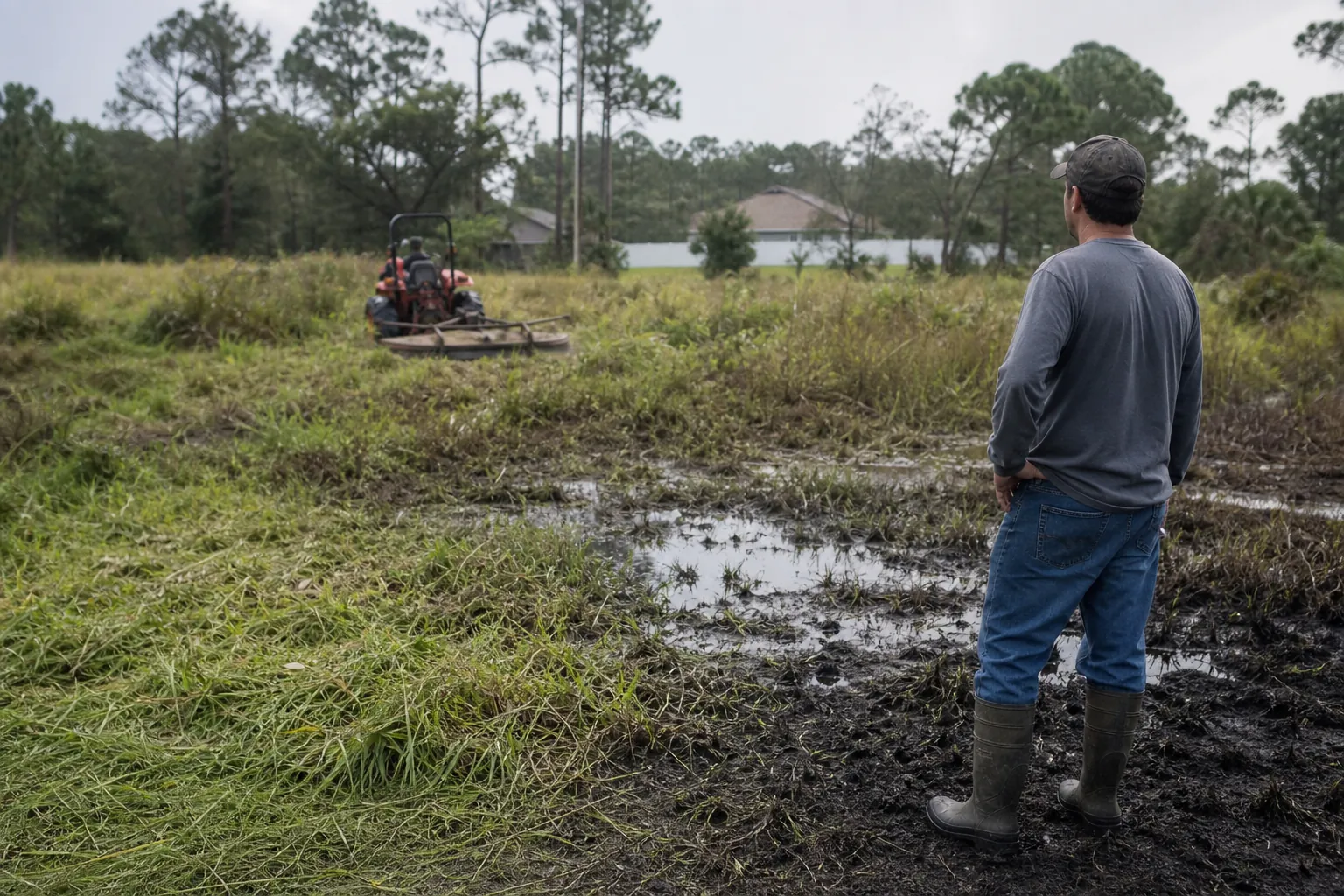 Man in rubber boots inspects muddy standing water while a tractor brush hogs an overgrown vacant lot.