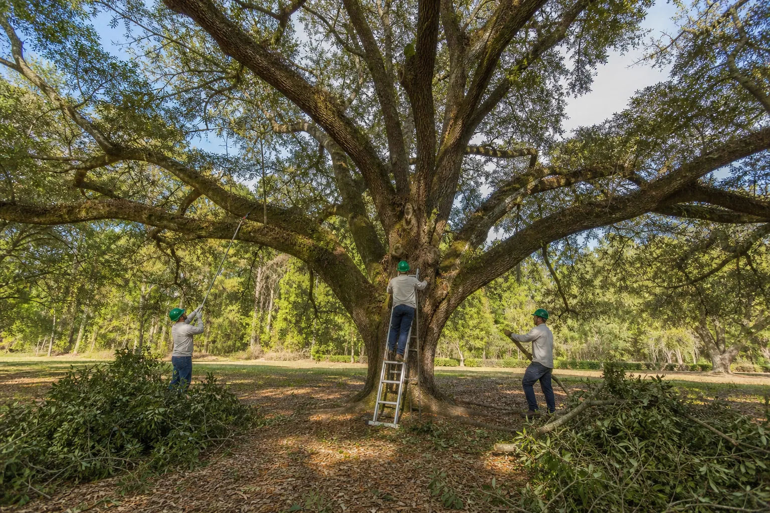 Arborists thinning a mature Florida live oak canopy Three arborists use pole saws and a ladder to thin the broad canopy of a mature Florida live oak.