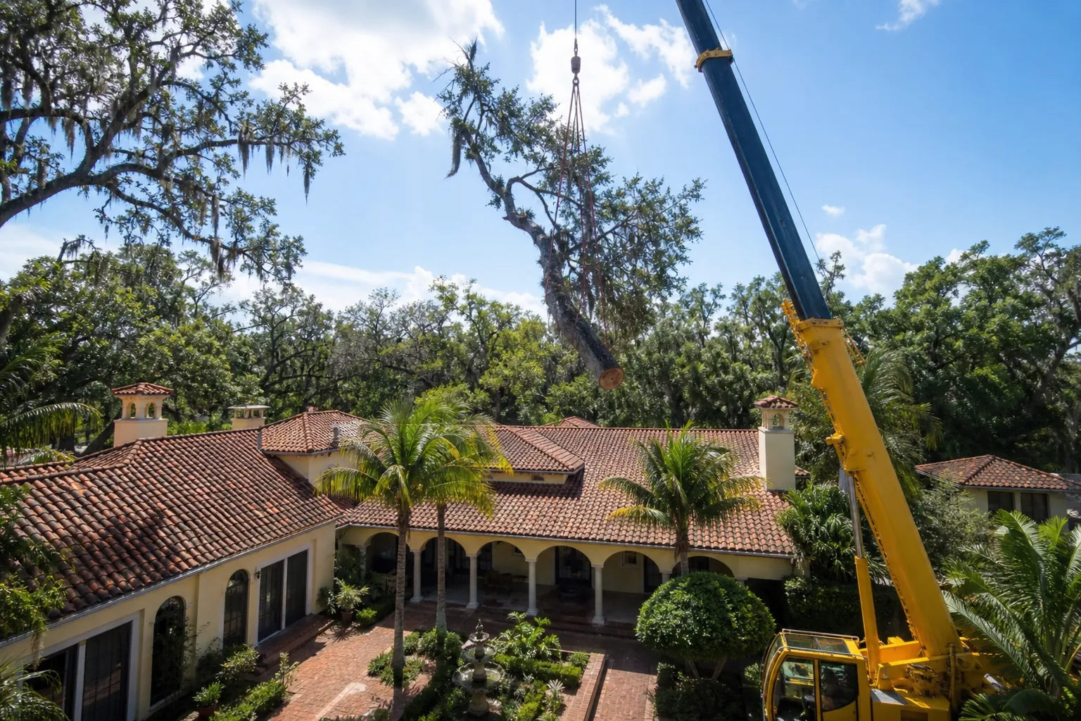 Editorial illustration of Planning safe crane tree removal over a courtyard in Florida