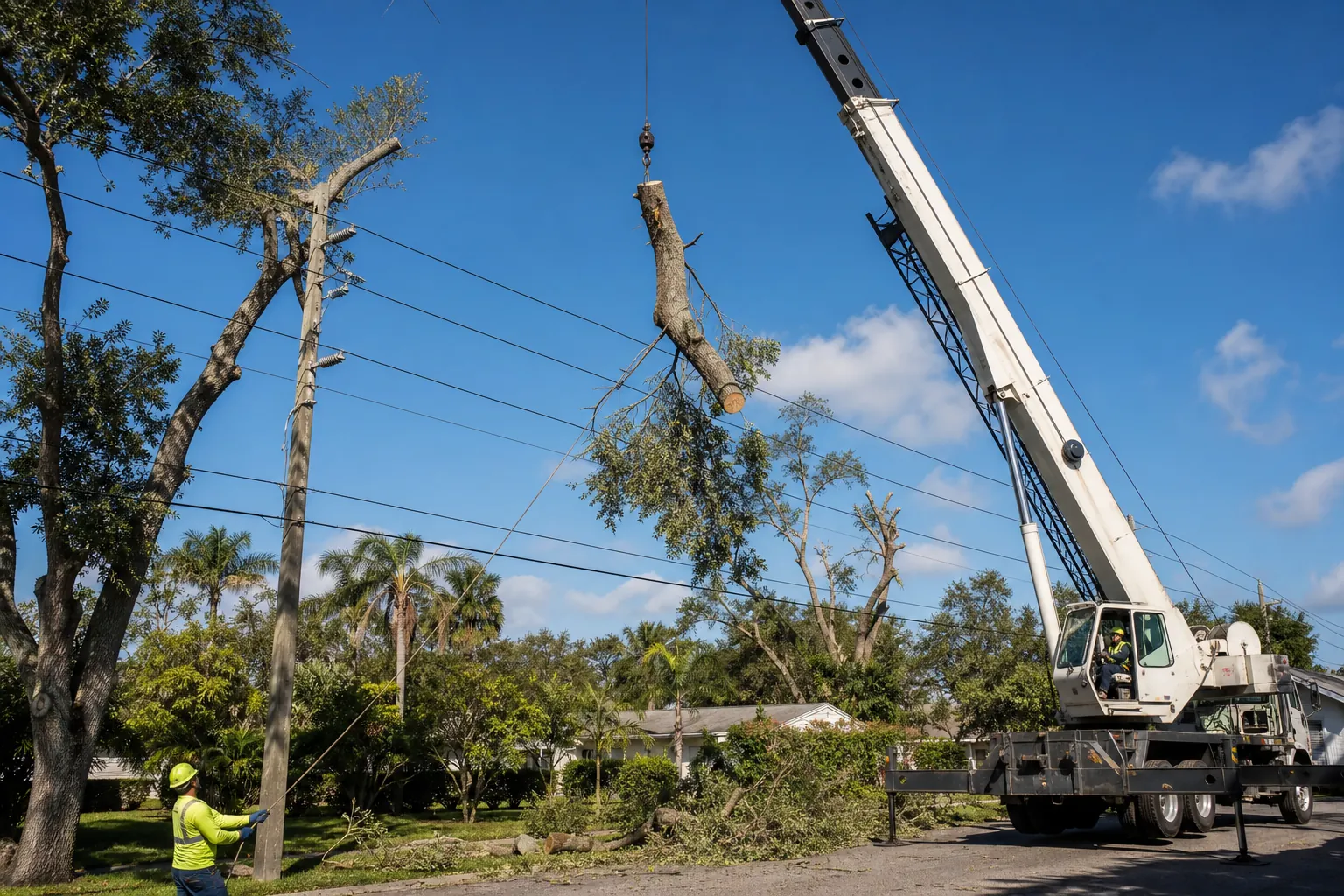 Crane-Assisted Tree Removal Beside Power Lines (featured) A crane lifts a cut tree trunk beside power lines while a ground worker guides it with a rope on a residential street.