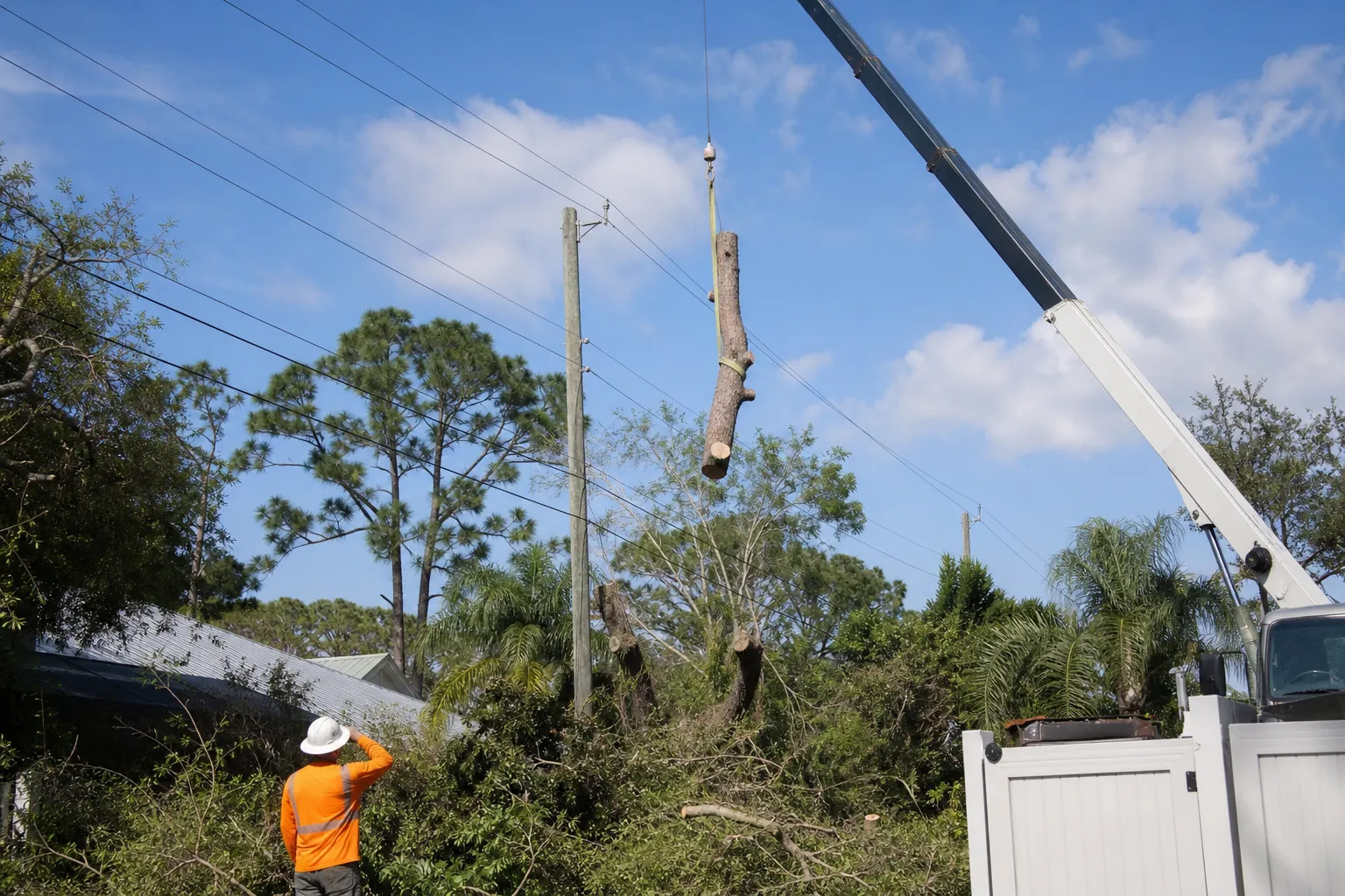 Crane-Assisted Tree Removal Near Power Lines (detail) A crane lifts a cut tree trunk beside overhead power lines as a worker watches from below near a residential yard.