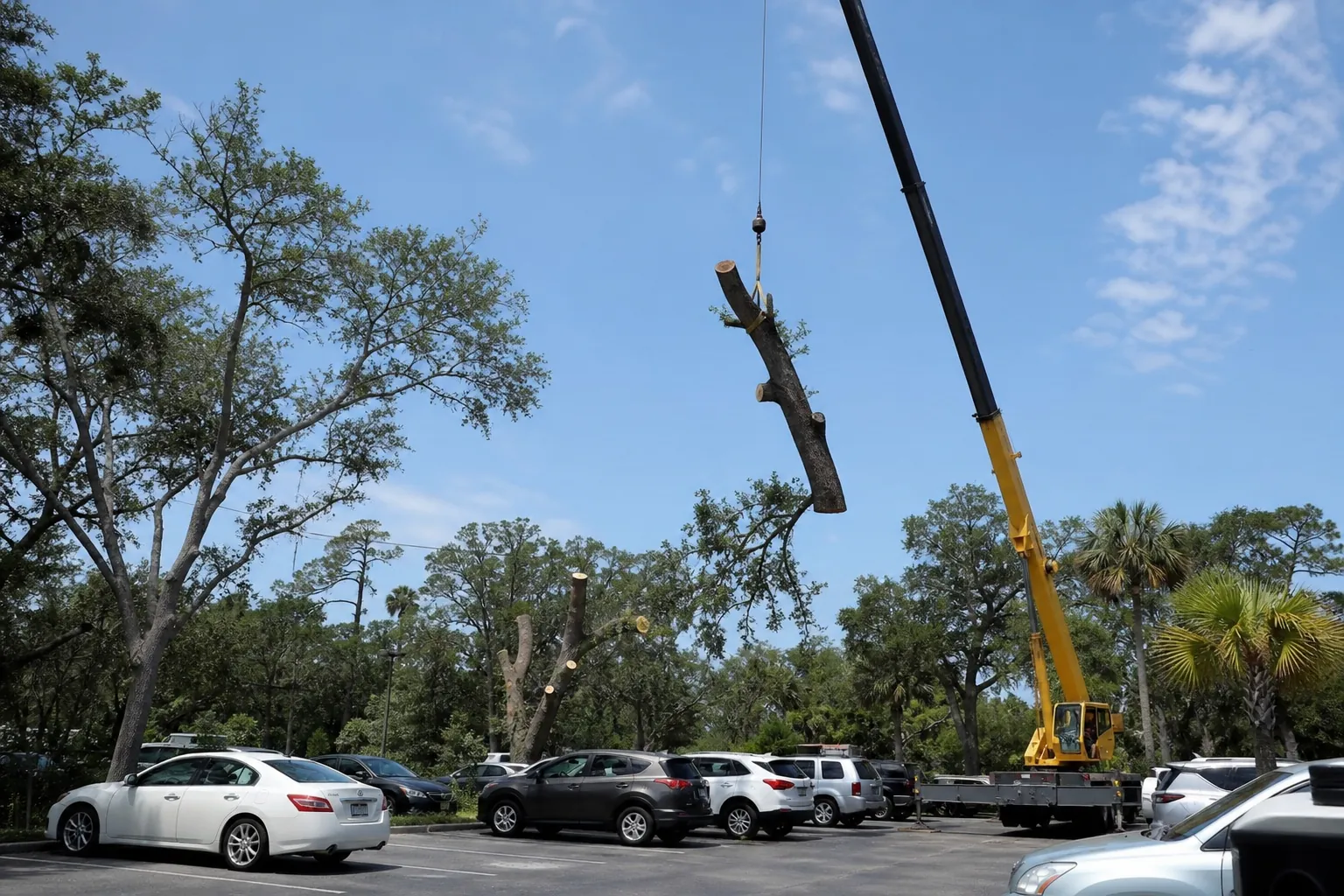 Editorial illustration of How Is Crane Tree Removal Planned Around an Active Parking Lot in Flagler County? in Florida