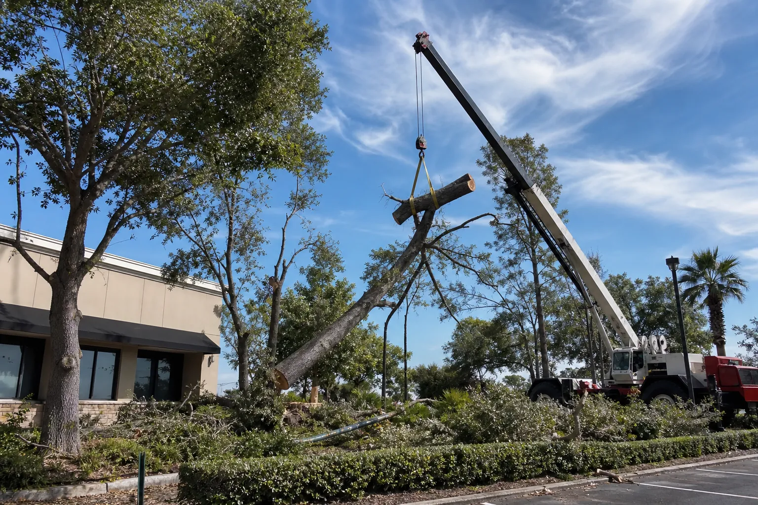 When Does a Flagler County Retail Center Need Crane-Assisted Tree Removal? in Florida Editorial illustration of When Does a Flagler County Retail Center Need Crane-Assisted Tree Removal? in Florida