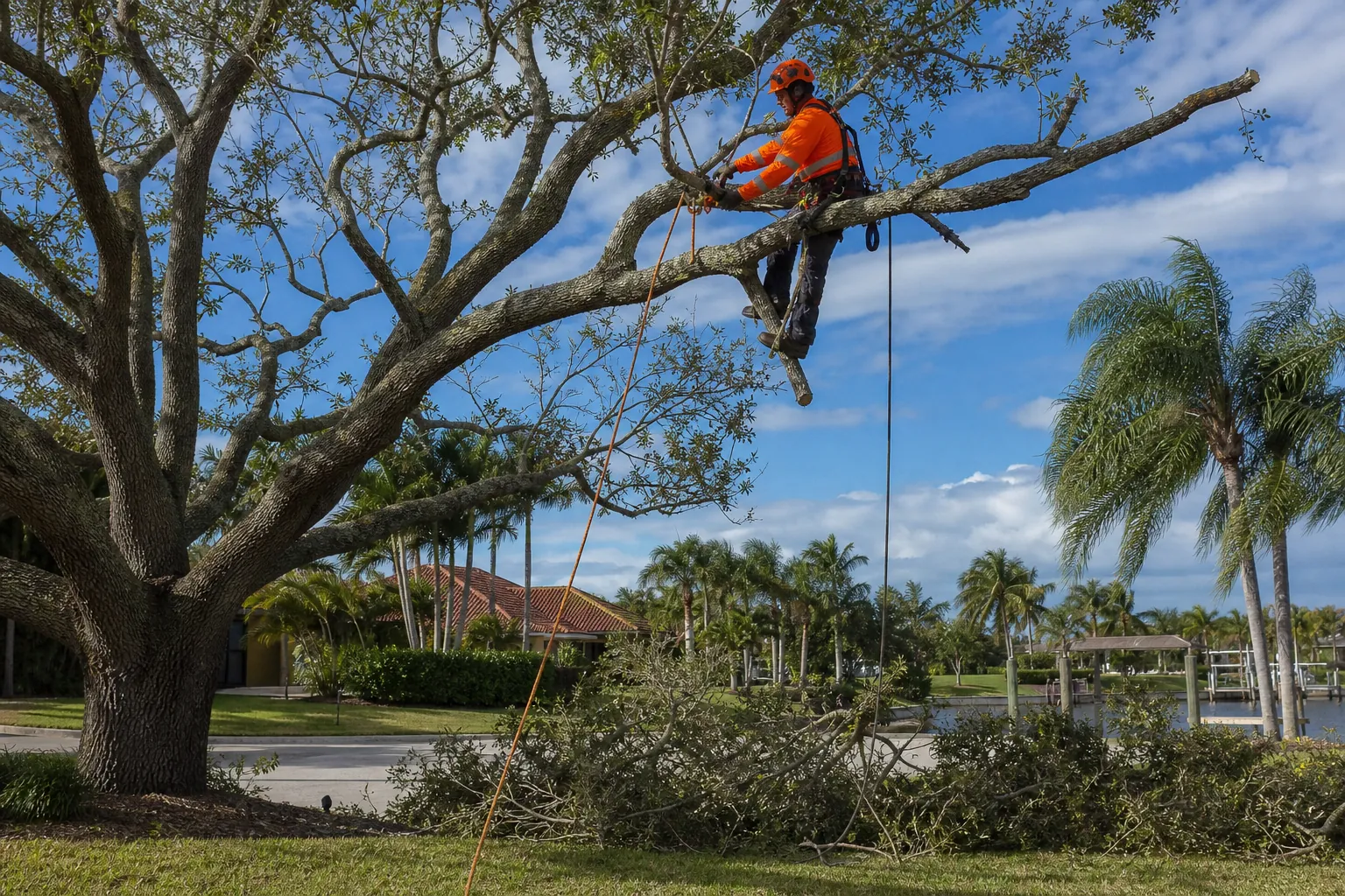 Arborist in orange safety gear uses a chainsaw while secured high in a tree, with trimmed branches piled below.