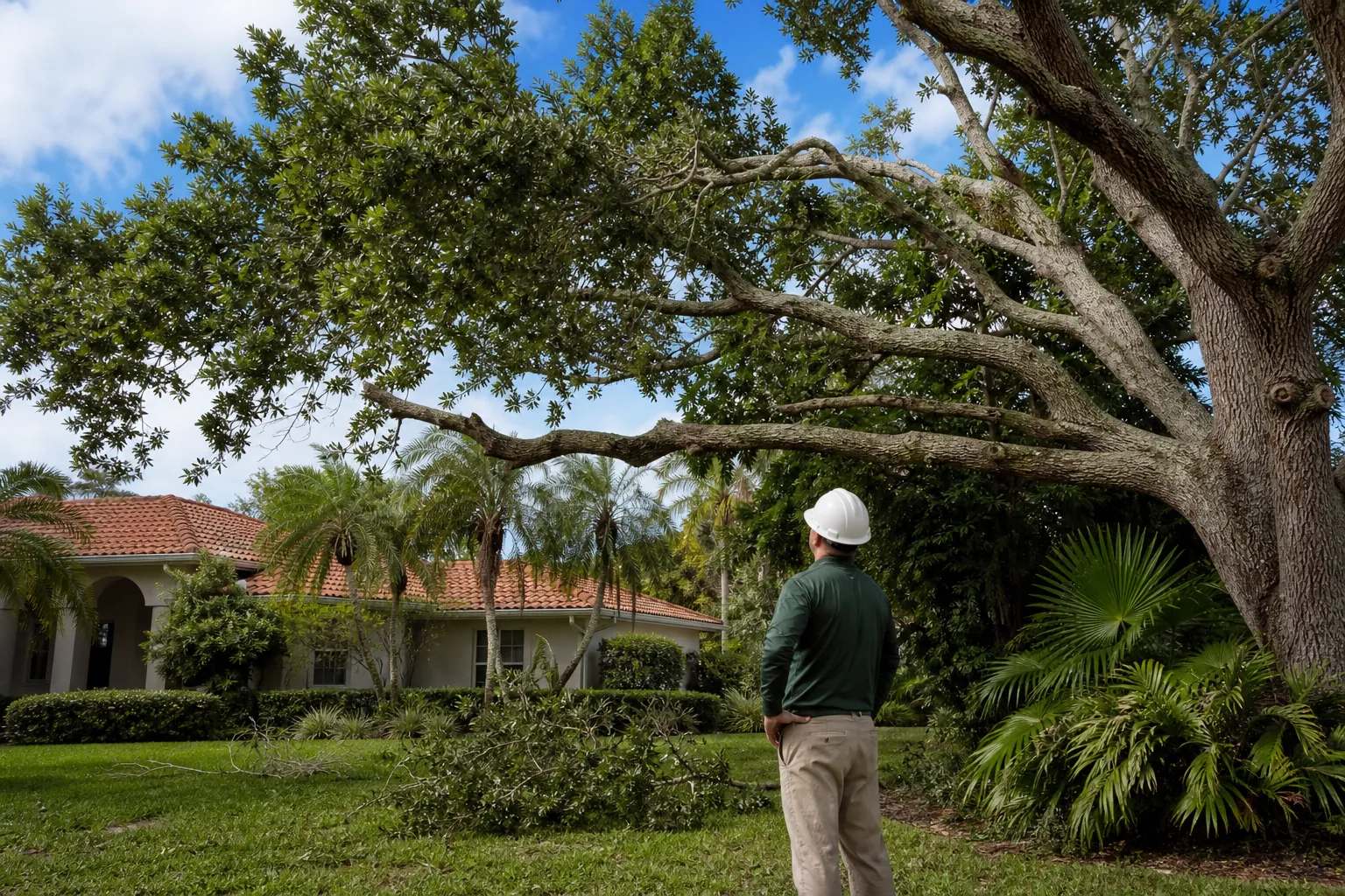 Arborist in a hard hat inspects a large tree with reduced limbs and freshly cut branches on the lawn.