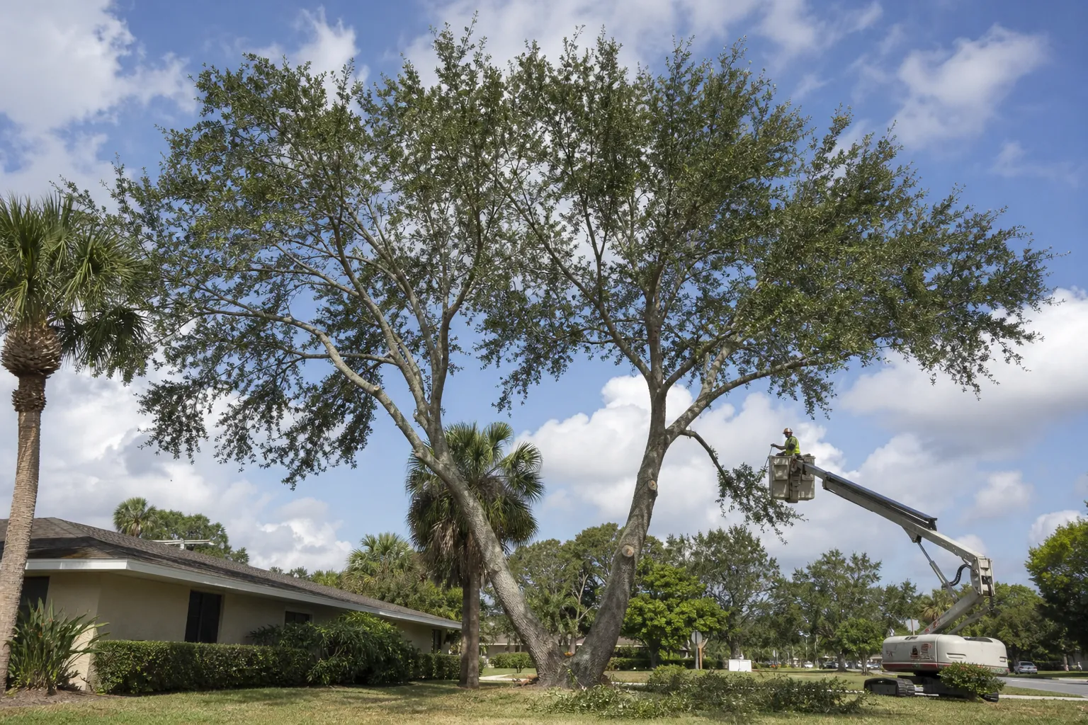 Arborist in a bucket lift pruning the crown of a large codominant tree beside a suburban home.