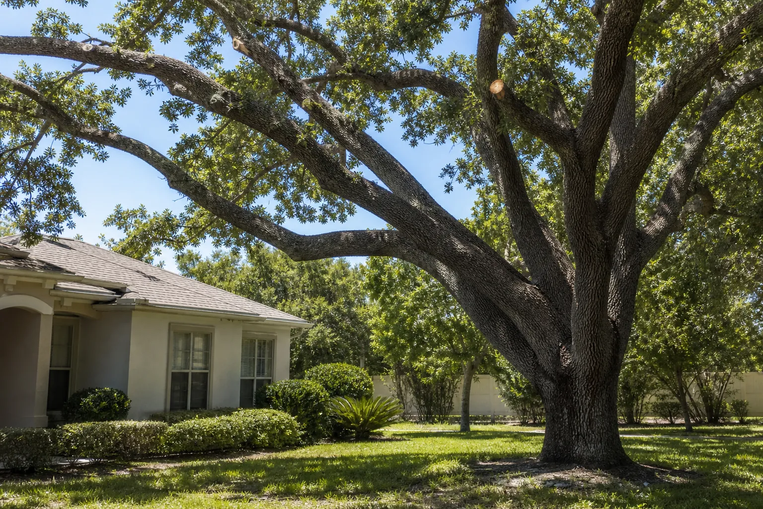 Large mature oak with a broad canopy and a few pruned limbs beside a suburban Florida home and lawn.