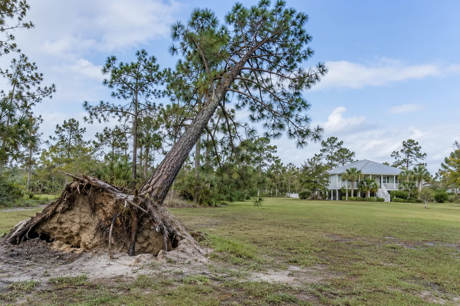 Uprooted Pine Beside a Raised Coastal Home An uprooted pine leans above an exposed root ball in a grassy yard, with a raised house in the background.