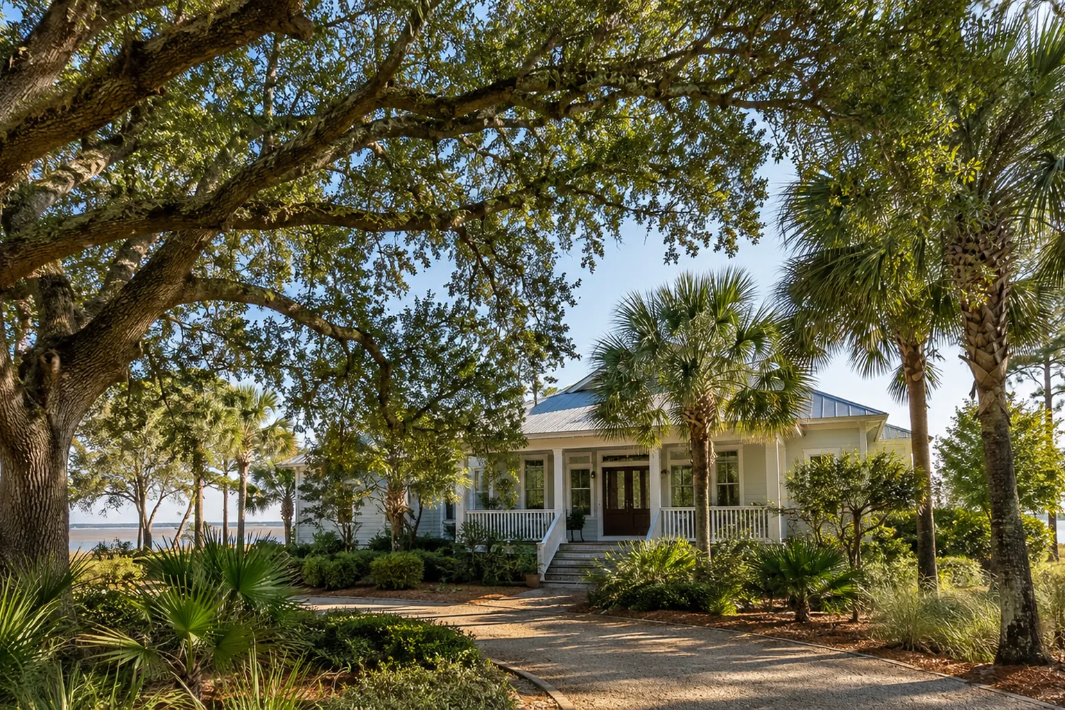 Oak Canopy and Palms Around a Coastal Home A broad oak canopy and several palms frame a light-colored home with a metal roof, front porch and steps.