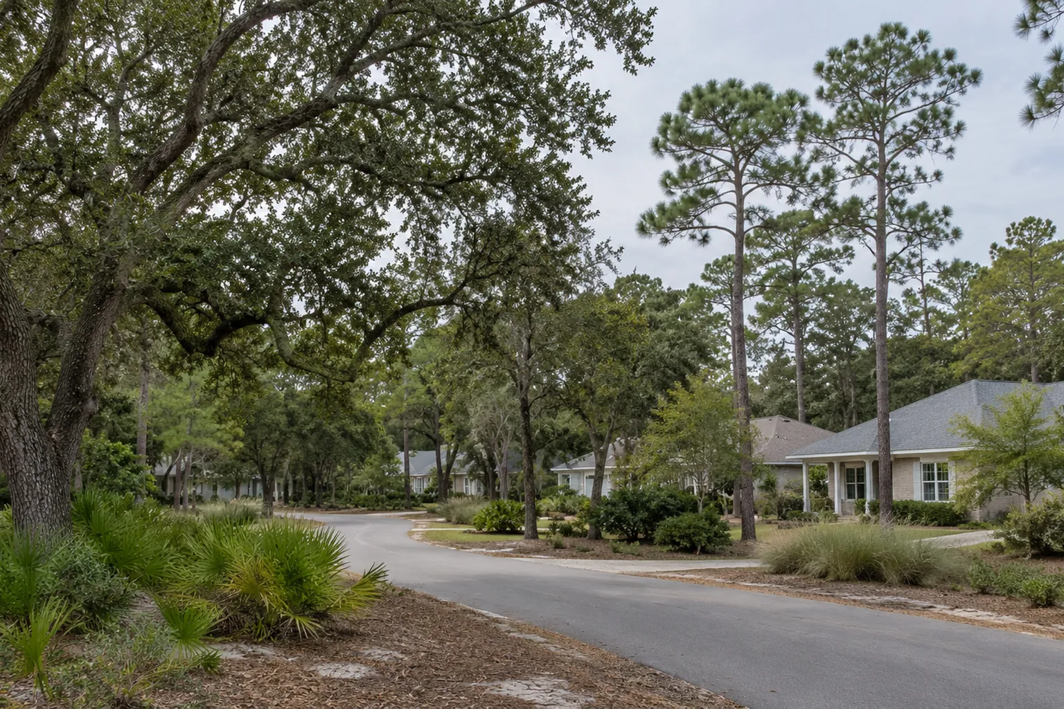 Oaks and Pines Along a Residential Street A curving residential street bordered by mature oaks, tall pines, low palms and single-story homes.