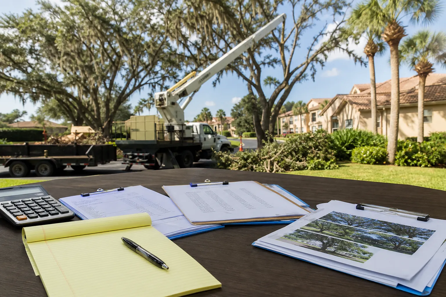 Editorial illustration of How HOA boards can compare tree service bids in Volusia County in Florida