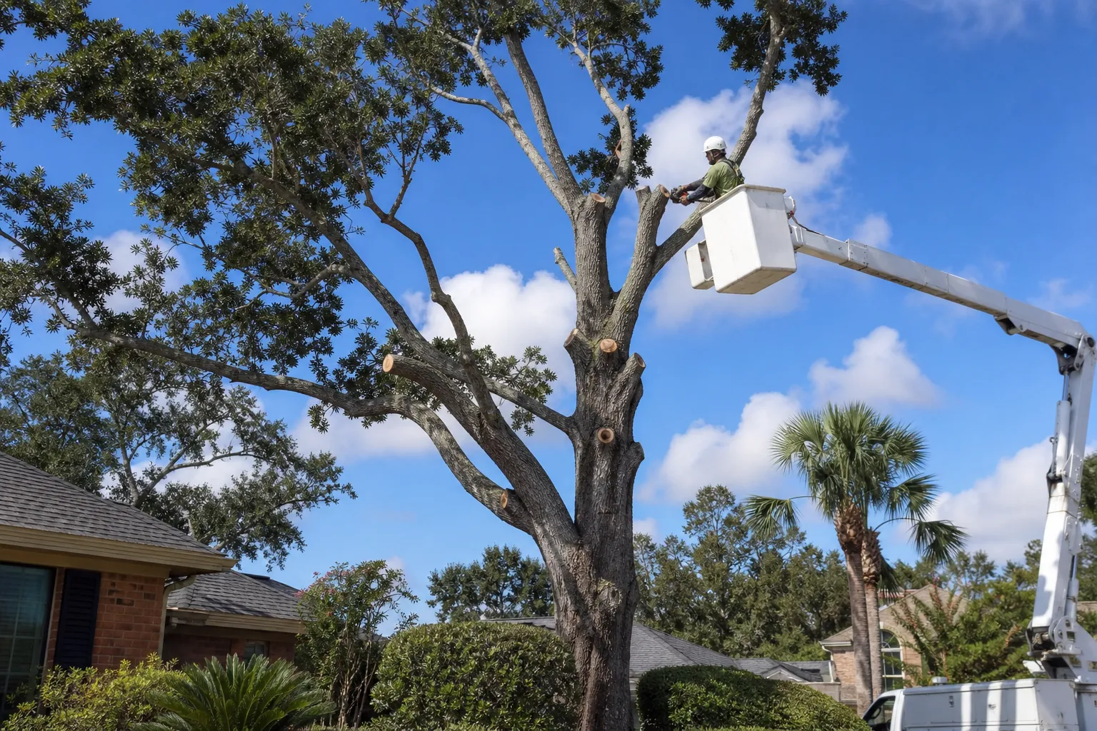 A worker in a white hard hat trims a large tree from a bucket lift beside brick homes and palm trees.