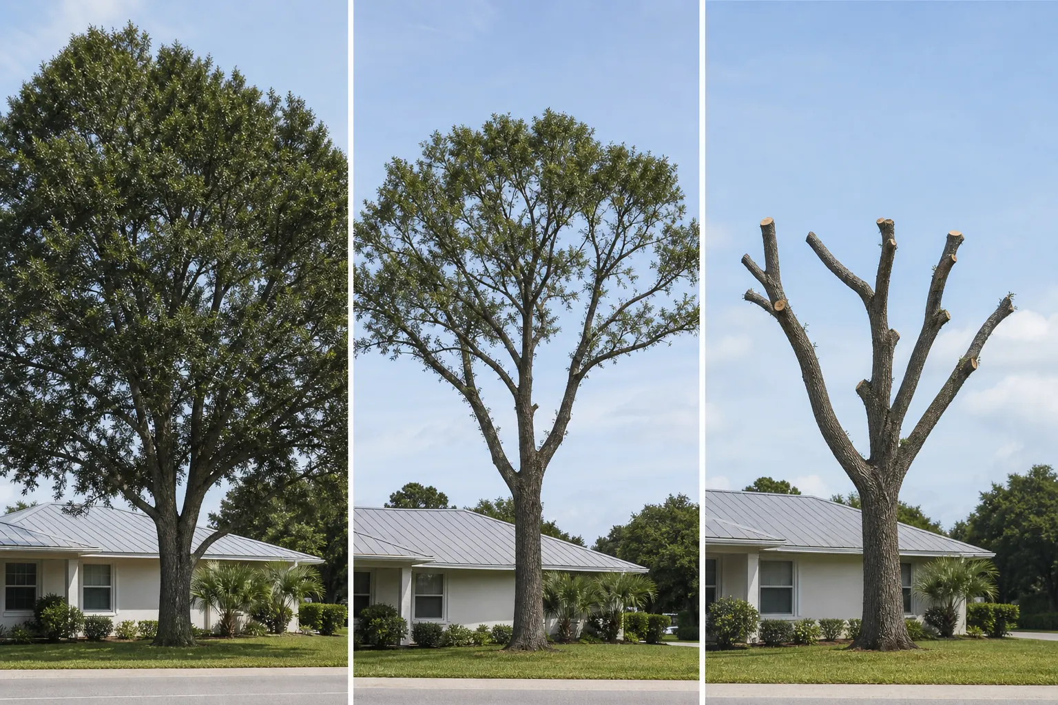 Three side-by-side views of a front-yard tree with a dense canopy, a thinned canopy, and bare topped branches beside a house.