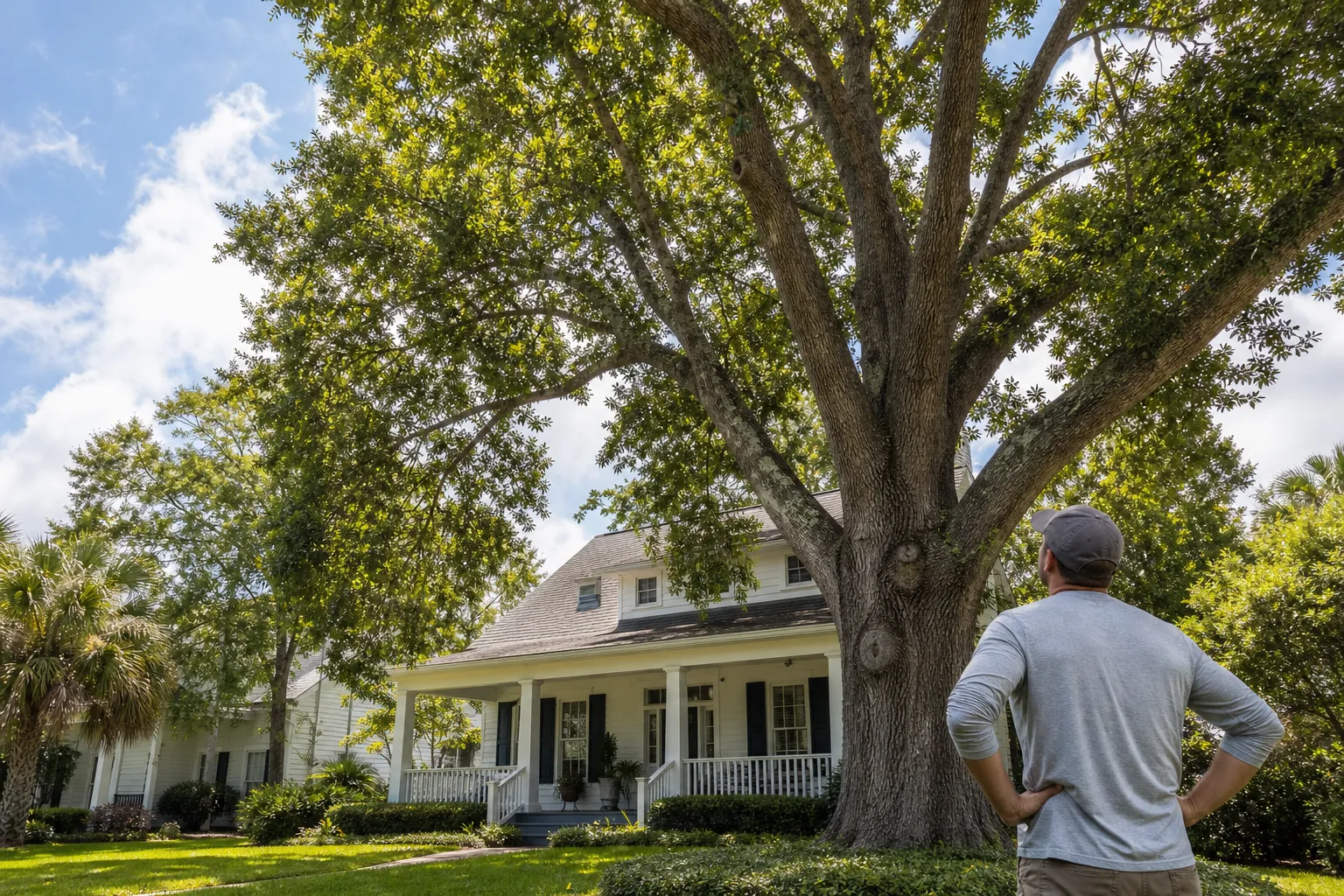 A man with hands on his hips looks up at the broad canopy of a large tree beside a white house with a front porch.