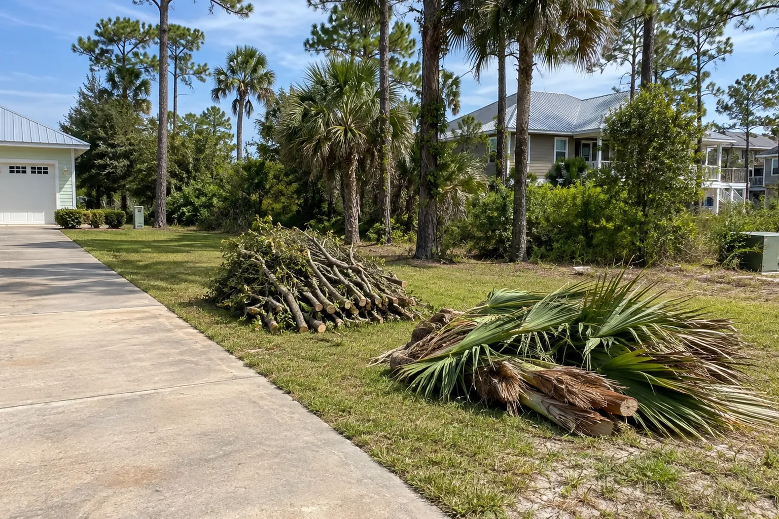Separate Piles of Cut Branches and Palm Fronds Cut branches and palm fronds sit in separate piles on grass beside a concrete driveway, with palms and houses behind.