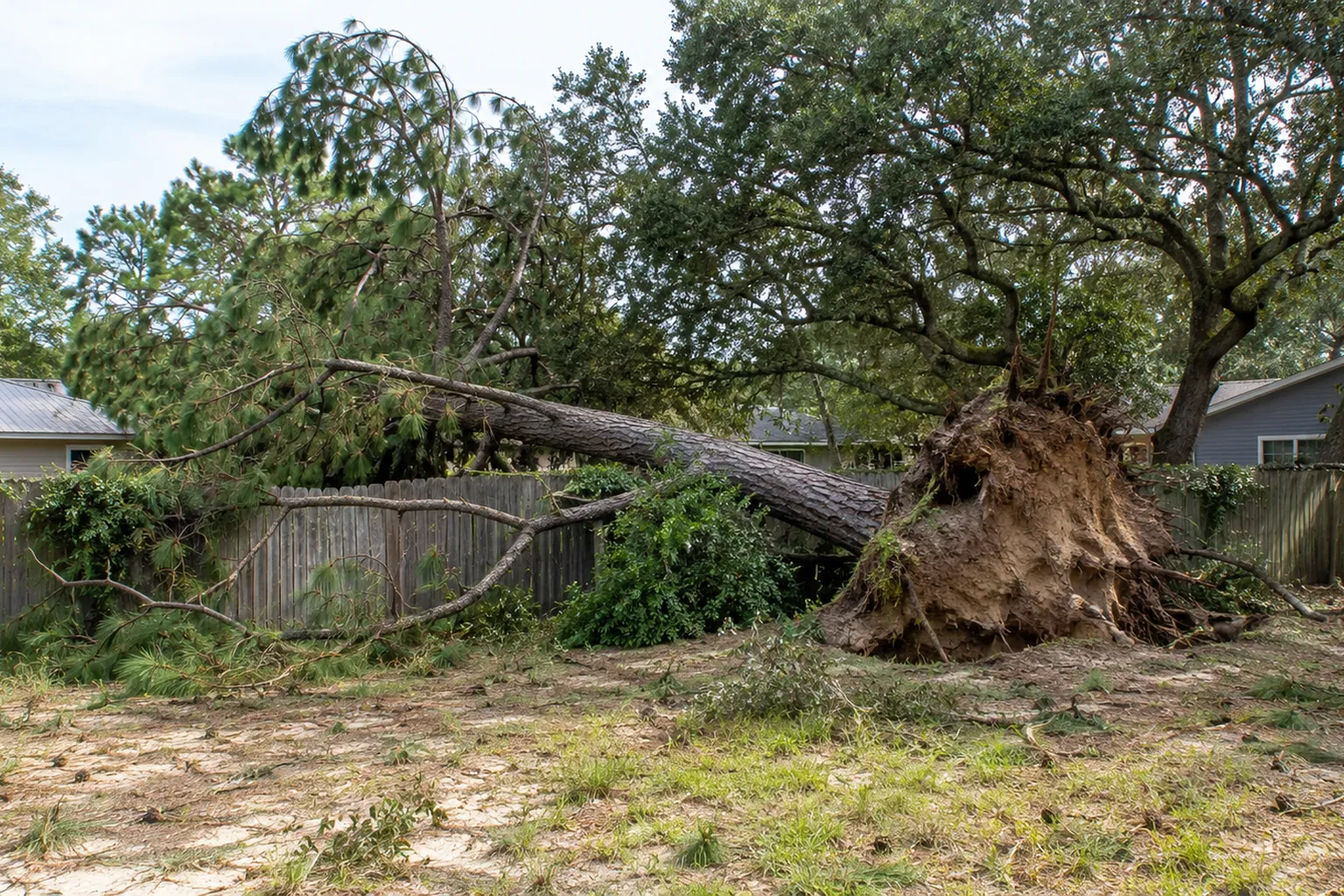 Uprooted Pine Across a Backyard Fence Uprooted pine with an exposed root ball lying across a wooden backyard fence, with scattered branches below.