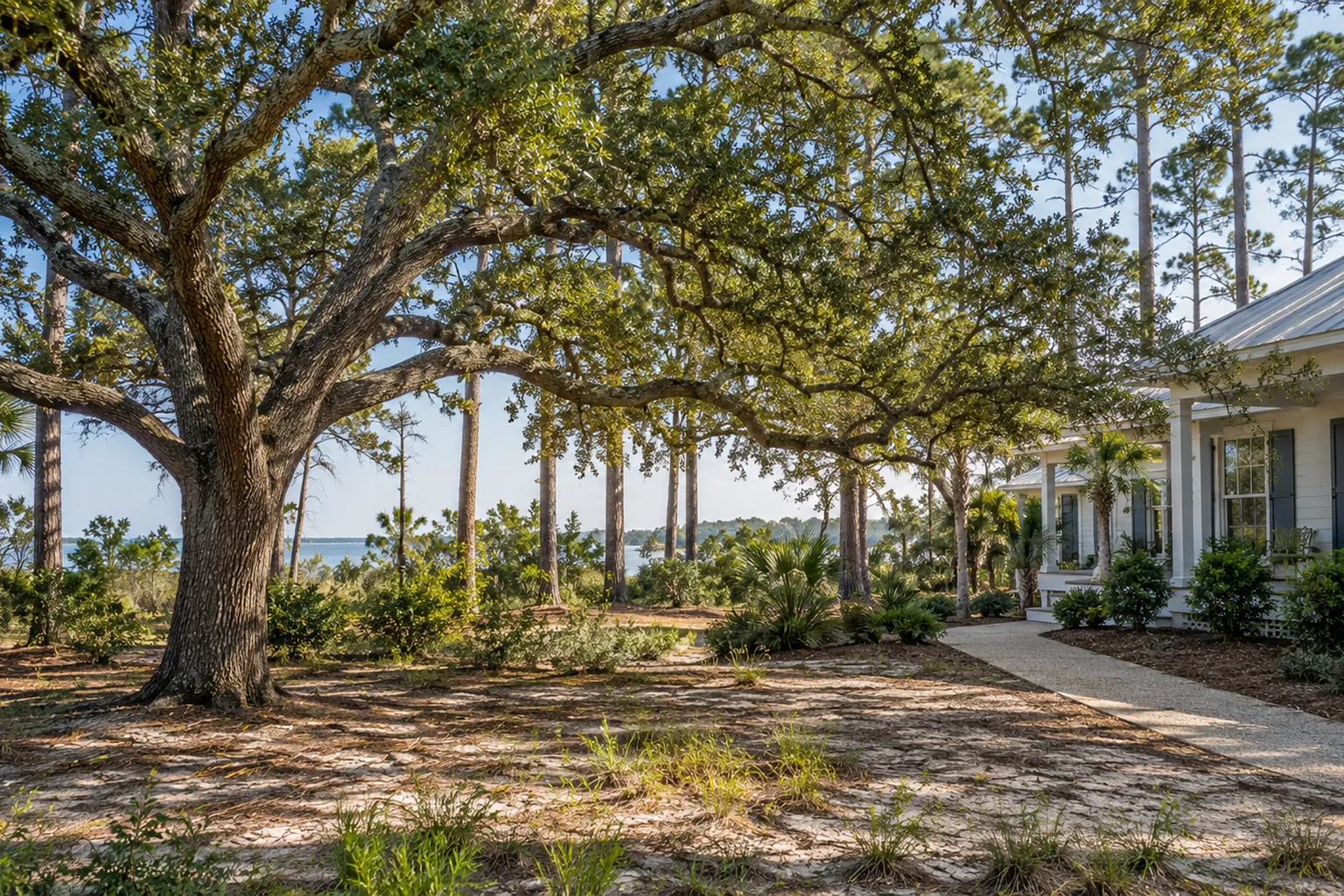 Live Oak Canopy Over a Sandy Waterfront Yard Large live oak shading a sandy yard beside a coastal home's porch, with pines and water in the background.