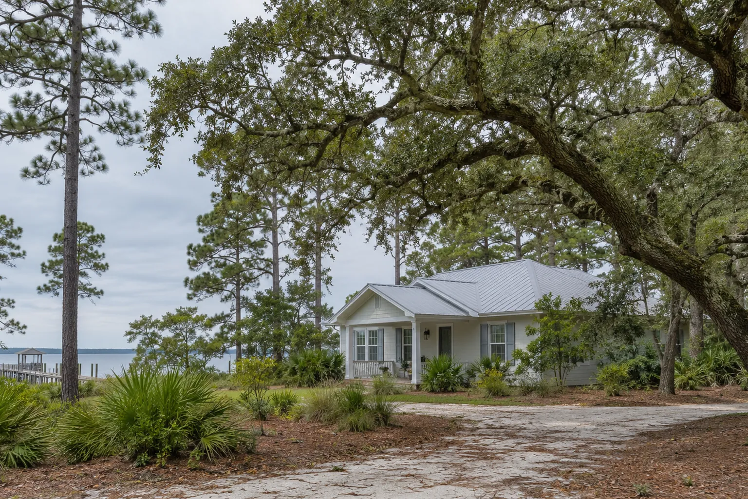 Coastal Home Beneath Pines and a Spreading Live Oak Coastal home with a metal roof beside pines, a spreading live oak, sandy ground and waterfront vegetation.