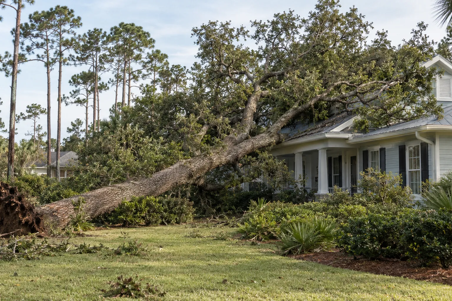 Fallen Oak Resting Across a Coastal Home's Roof A large fallen oak lies across a landscaped yard, with its trunk and leafy branches resting on a home's roof.