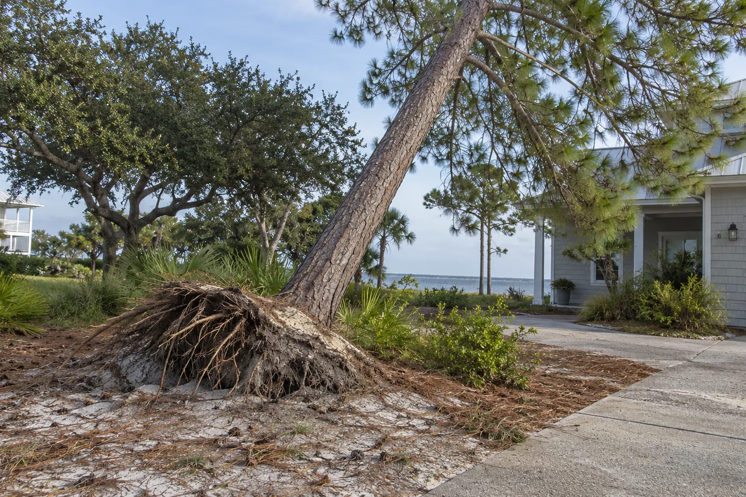 Leaning Pine With Exposed Roots Beside a Driveway A leaning pine has exposed roots and a lifted root mass beside a concrete driveway, with a home and water behind it.