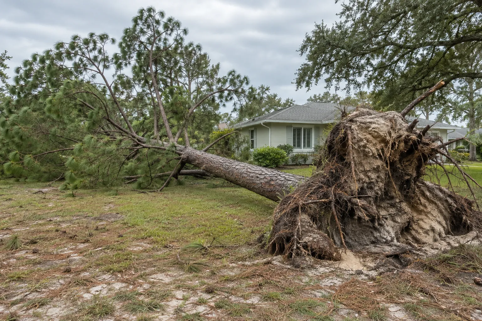 Uprooted Pine and Exposed Root Plate Near a Home An uprooted pine lies across a sandy yard, with its exposed root plate raised beside a single-story home.