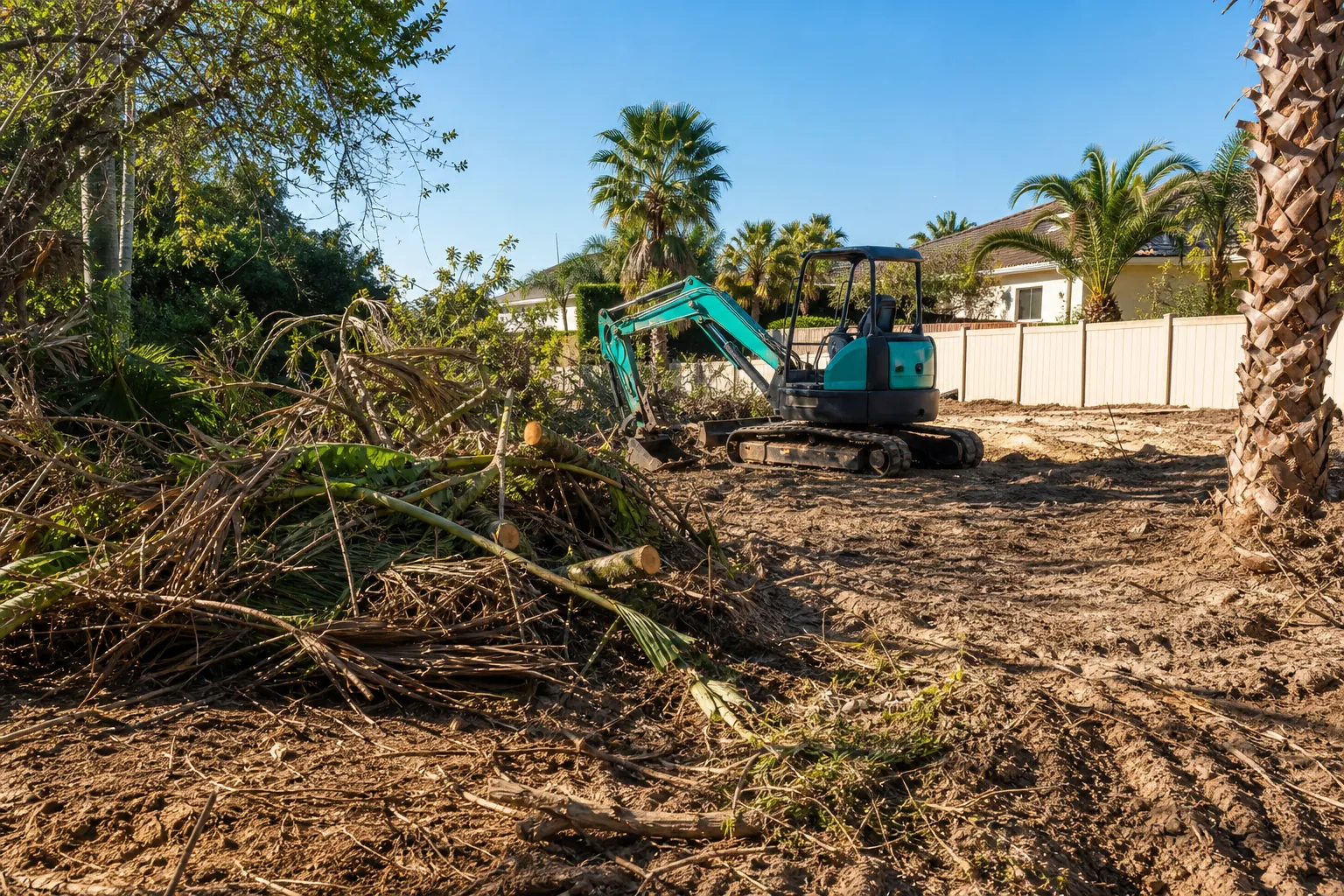 Land Clearing With an Excavator Before Pool Construction Compact excavator clearing cut branches and palm debris from a sandy residential lot before pool excavation.