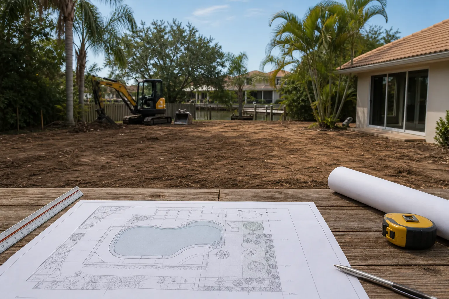 Pool Layout Plans at a Cleared Florida Backyard Pool layout plans, ruler, tape measure, and pencil overlook a cleared Florida backyard with a compact excavator.