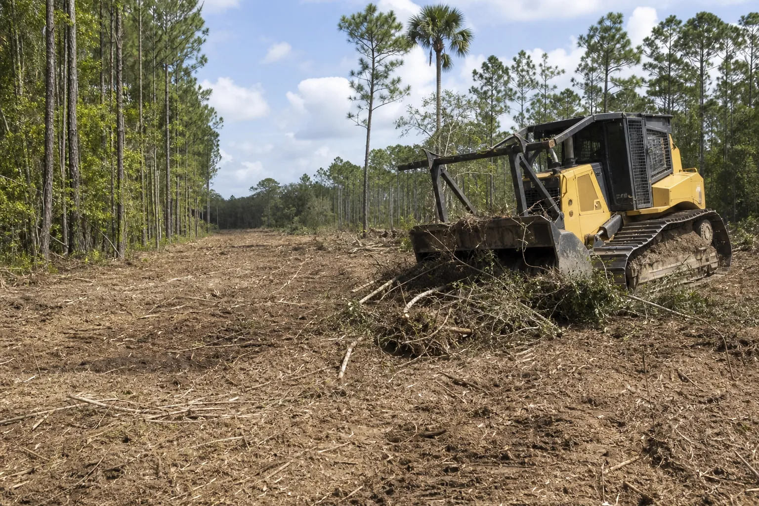 Tracked bulldozer pushes branches across freshly cleared sandy land bordered by pine and palm trees.